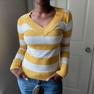 Yellow and White Strip V-Neck Sweater